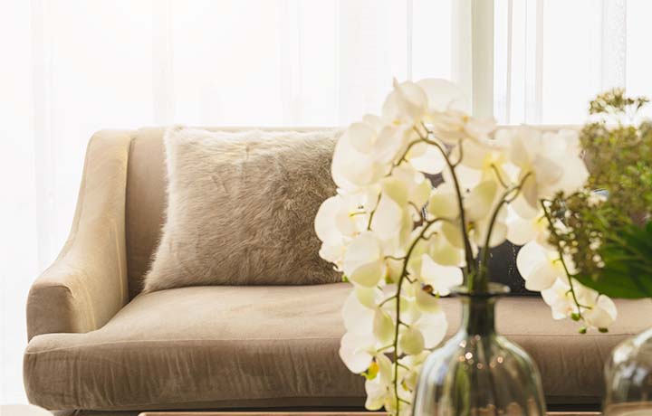 Clean microfiber couch near coffee table Clean microfiber couch near coffee table