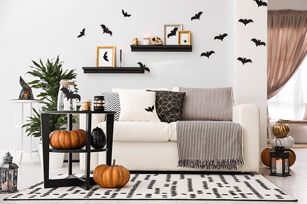 A living room decorated for the Halloween season