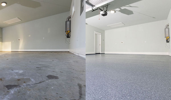 Before and After Image of a Dirty Garage Floor and a Beautiful New Epoxy Floor