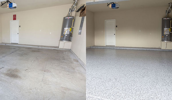 Before and After Image of a Dull Garage Floor and a Pretty New Epoxy Floor
