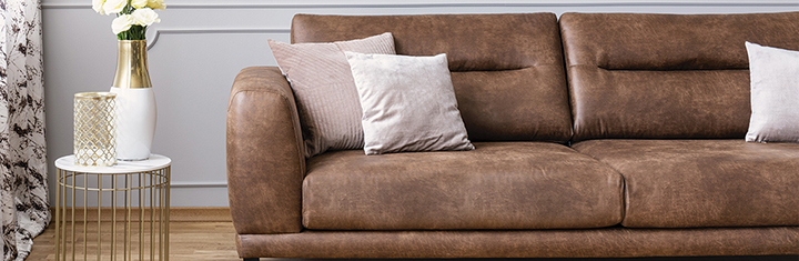 Leather couch with pillows set in a contemporary living room space