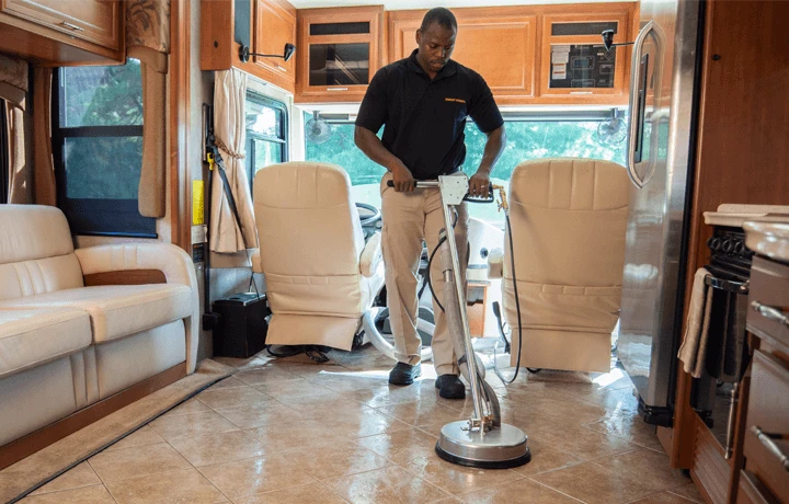 Stanley Steemer Technician Spring Cleaning Motorhome RV Flooring Stanley Steemer technician spring cleaning motorhome rv flooring