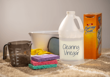 Bottle of cleaning vinegar, box of baking soda, measuring cup, sponges, gloves, and bowl on top of carpet