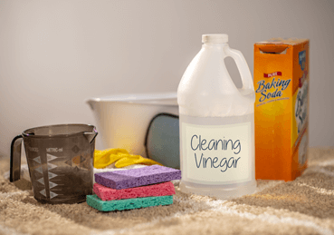 Vinegar Cleaning Tips Bottle of cleaning vinegar, box of baking soda, measuring cup, sponges, gloves, and bowl on top of carpet